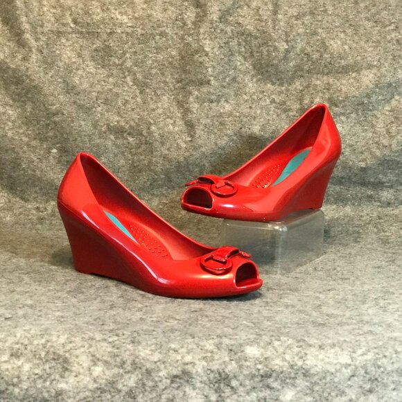 Oka B Women's Red Wedge Heel Slip On Peep Toe Shoes - Picture 6 of 11